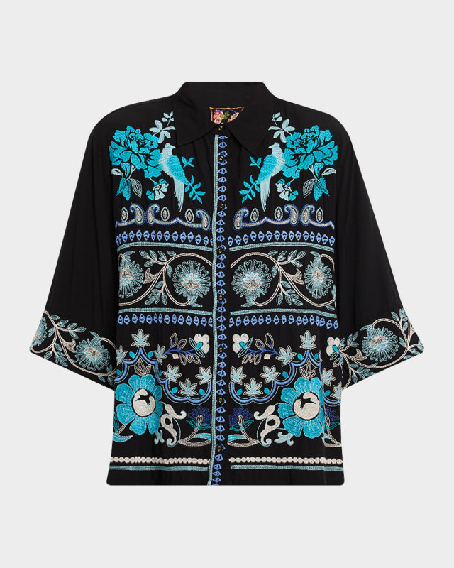 Embroidered Kimono-Sleeve Shirt